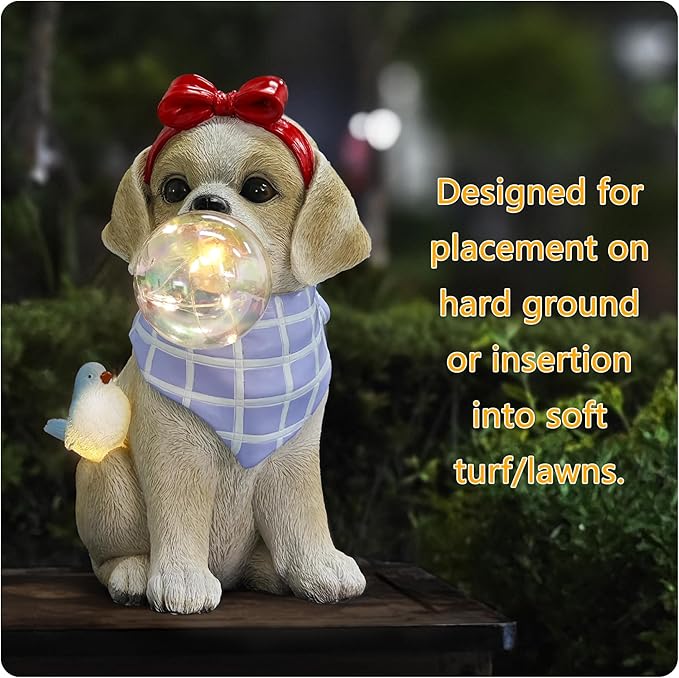 Solar Garden Dog Statue, Detachable Ground Stake, Light Brown Resin Labrador Puppy with LED Bubble and Bird, Waterproof Yard Decor for Patio, Lawn, Porch, Pathway, and Gift Giving