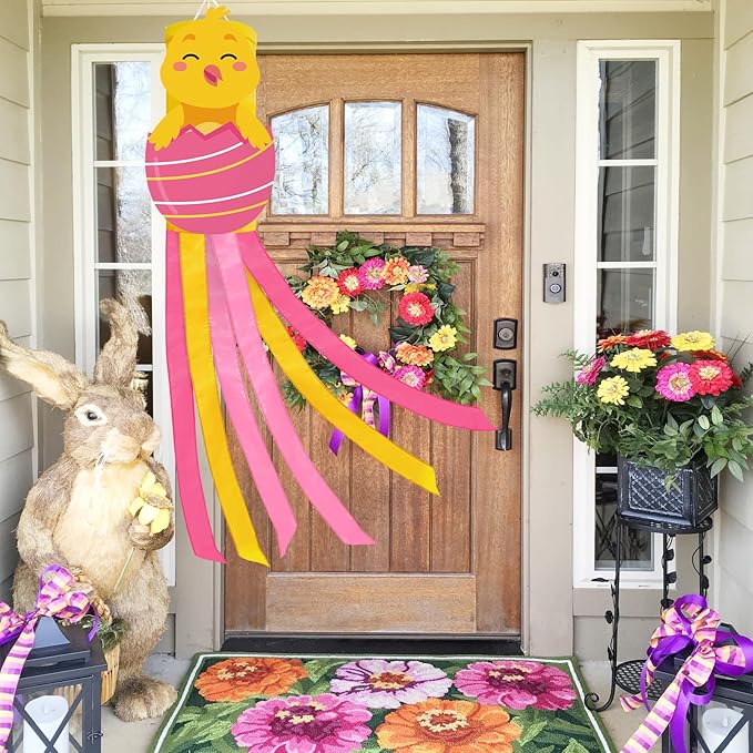 40 Inches Easter Chick Windsock Decorations, Hanging Outdoor Spring Decor with Pink Egg, and Pastel Colors Streamers, Festive Wind Sock Ornament Sign for Outside Garden, Home, Porch, and Yard