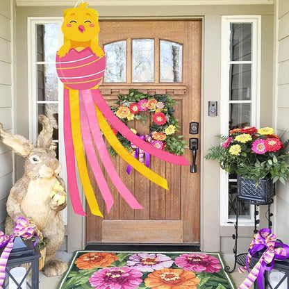 40 Inches Easter Chick Windsock Decorations, Hanging Outdoor Spring Decor with Pink Egg, and Pastel Colors Streamers, Festive Wind Sock Ornament Sign for Outside Garden, Home, Porch, and Yard