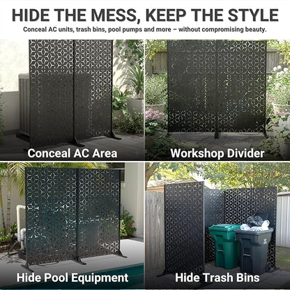 6FT Metal Privacy Screen Outdoor – Decorative Laser Cut Privacy Fence Panel for Patio, Deck & Garden, Rustproof Steel Privacy Divider, Modern Geometric Design, Freestanding Outdoor Privacy Screen