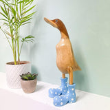 Wooden Crafted Duck Figurine with Spotty Wellies Funny Standing Duck Statues Decorative Resin Rain Boot Animal Sculpture Collectible Crafts Waterproof Garden Lawn Ornament (Blue, 9.8Inch)