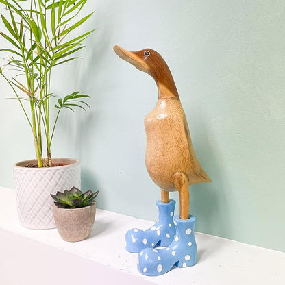 Wooden Crafted Duck Figurine with Spotty Wellies Funny Standing Duck Statues Decorative Resin Rain Boot Animal Sculpture Collectible Crafts Waterproof Garden Lawn Ornament (Blue, 9.8Inch)