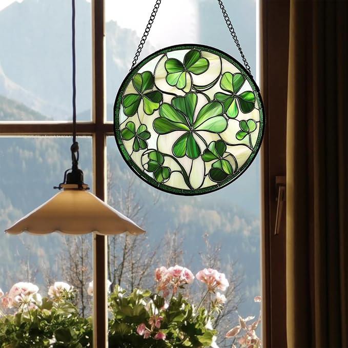 Stained Glass Window Hanging - Ireland Green Lucky Clover Suncatcher for Doors Garden St. Patrick's Day Sun Catchers Decor Mother's Day Birthday for Women Men Mom Nana 15 in