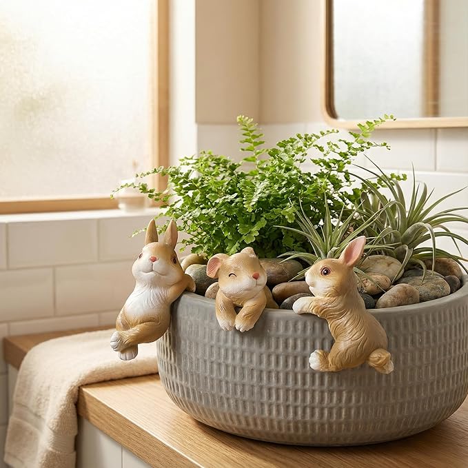3Pack Rabbit Garden Decor Hanging Rabbit Statue,Cute Garden Rabbit Outdoor Decor for Flower Pots, Indoor Shelf & Patio, Funny Rabbit Ornament Gift for Flower Pot Garden Decor