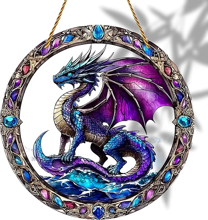 8x8 inch Charming Dragon Acrylic Stained Glass Window Hanging Sun Catcher Decor Stained Panel Hangings Wall Art Decor, for Friends and Family (Dragon)