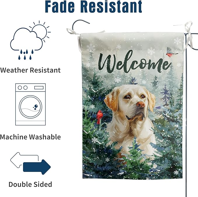 Welcome Winter Garden Flags White Lab Garden Flag Cardinal Birds on Snowy Pine Tree Flag Labrador Dog Yard Flags for Outside 12x18 Double Sided Christmas Decorative Lawn Flags