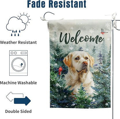 Welcome Winter Garden Flags White Lab Garden Flag Cardinal Birds on Snowy Pine Tree Flag Labrador Dog Yard Flags for Outside 12x18 Double Sided Christmas Decorative Lawn Flags
