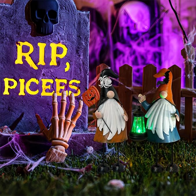 HONGLAND Halloween Decorations Outdoor Solar Gnomes with LED Lantern, Gnomes Metal Yard Art Halloween Outdoor Decor Patio Holiday Gardening Gifts for Mom Women