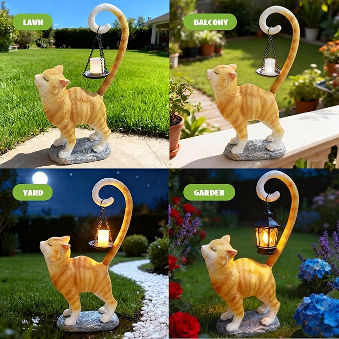 Standing Cat Garden Statue Candle Holder for Outdoor Garden Patio and Indoor Decor for Cat Lovers Women and Home Ambiance Orange