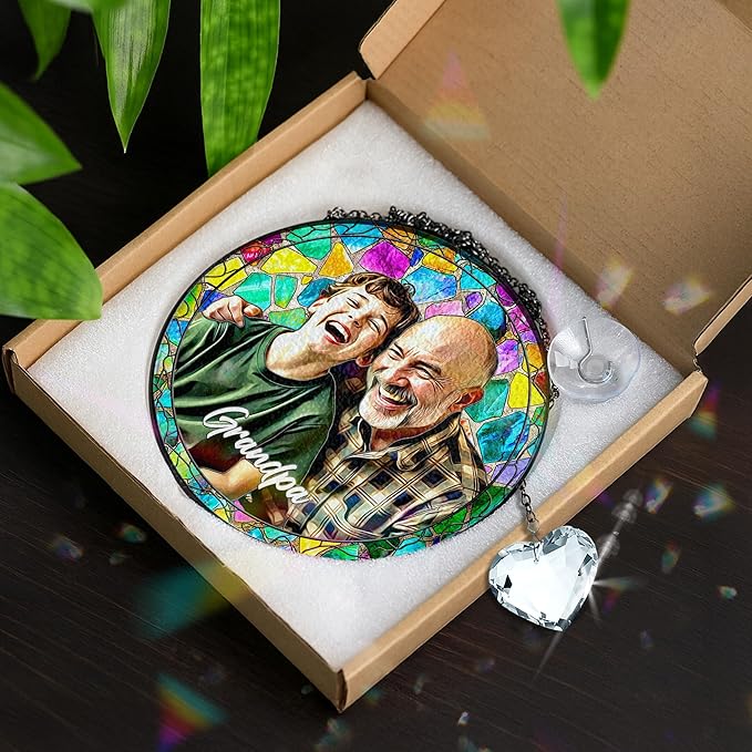 VINATIMES Personalized Grandpa Stained Glass Suncatcher, Photo Family Faux Stained Glass Window Hanging Ornament, Custom Photo Gift for Dad from Son Daughter, Birthday Gift for Grandpa, Uncle