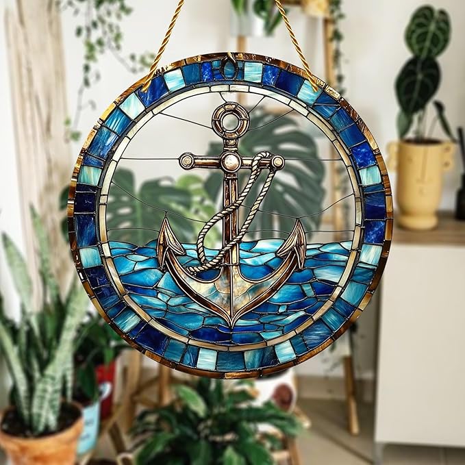 8x8 inch Charming Nautical Anchor Acrylic Stained Glass Window Hanging Sun Catcher Decor Stained Panel Hangings Wall Art Decor, for Friends and Family (Nautical)