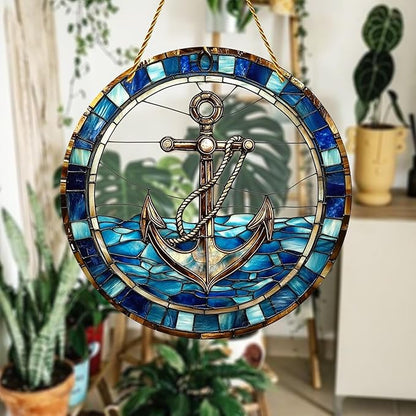 8x8 inch Charming Nautical Anchor Acrylic Stained Glass Window Hanging Sun Catcher Decor Stained Panel Hangings Wall Art Decor, for Friends and Family (Nautical)