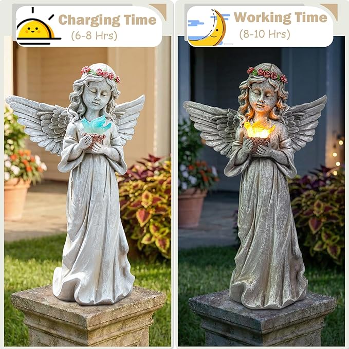 Angel Garden Statue Outdoor Decor, Angel Garden Figurine Hold Dove with Solar Lights Waterproof Resin Yard Art Decoration Lawn Ornament Sculpture for Outside Patio Yard Gift