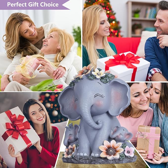Spring Decorations Outdoor Easter Decor Gifts for Mom Women Elephant Solar Statues Patio Décor Grandma Sculptures for Lawn Balcony Yard House Warming Gifts New Home Mothers Day