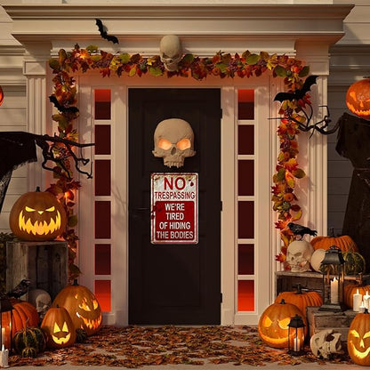 3 PCS Retro Halloween Decor Indoor&Outdoor Warning Signs No Trespassing We're Tired of Hiding The Bodies 7.9x11.8 inch Funny Metal Signs for Yard Gothic Room Wall Decorations