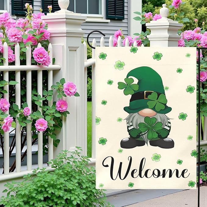 St Patrick’s Day Garden Flag 12x18 Inch Welcome Gnome with Shamrocks Double Sided Outdoor Yard Flags Irish Clover Decorations for Spring Porch Patio Lawn Farmhouse Seasonal Holiday Décor