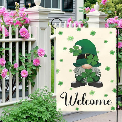 St Patrick’s Day Garden Flag 12x18 Inch Welcome Gnome with Shamrocks Double Sided Outdoor Yard Flags Irish Clover Decorations for Spring Porch Patio Lawn Farmhouse Seasonal Holiday Décor