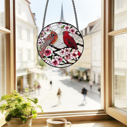 Stained Glass Window Hanging, Cardinal Sun Catchers Glass Panel Red Suncatcher Decor for Wife, Women, Men, Birthday, Aunt, Mom, Lovers, Home Garden 7.8 in