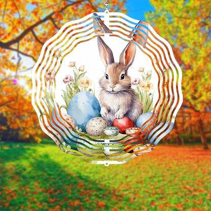 Easter Bunny Wind Spinner 8 Inch Aluminum Kinetic Hanging Wind Sculpture Spinners for Yard and Garden Indoor Outdoor Window Easter Rabbit Yard Art Garden Decoration