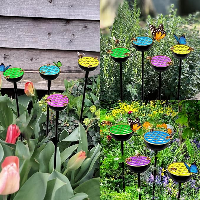 4 Pack Bee Waterer and Butterfly Water Stations for Garden with Bees Island, Bee Water Catcher for Thirsty Pollinators, Colorful Metal Garden Sculpture Stakes Decor