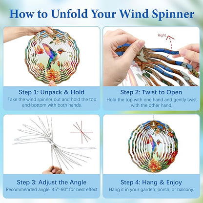 Wazzio Hummingbird Wind Spinner, Hummingbird Gifts for Women Men Mom Wife Grandma, 12" Metal Outdoor Indoor Hanging Ornament for Garden Porch Backyard, Gift for Birthday Thanksgiving Christmas