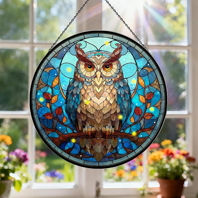 Owl Stained Glass Window Hanging, 7.9" Owl on a Branch Suncatcher for Window Doors Home Decoration, Owls Decor for Home, Mother's Day Christmas Birthday Gifts for Owls Lovers Women Men