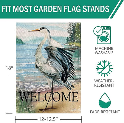 Furiaz Welcome Spring Summer Seabird Coastal Beach Small Decorative Garden Flag, Blue Heron Yard Bird Sea Lake Ocean Home Outside Decoration, Nautical Tropical Outdoor Decor Double Sided 12x18