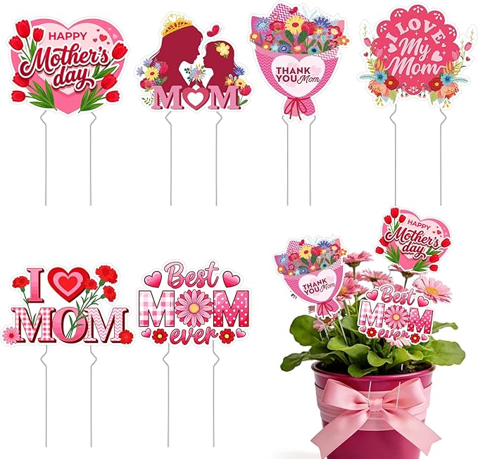 Rngmsi Mothers Day Plant Stakes Flower Pots Signs, 6PCS Happy Mother's Day Metal Garden Stakes Decorative Outdoor, Best Mom Ever Yard Decor for Home Lawn Party Supplies