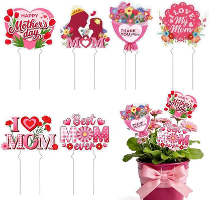 Rngmsi Mothers Day Plant Stakes Flower Pots Signs, 6PCS Happy Mother's Day Metal Garden Stakes Decorative Outdoor, Best Mom Ever Yard Decor for Home Lawn Party Supplies
