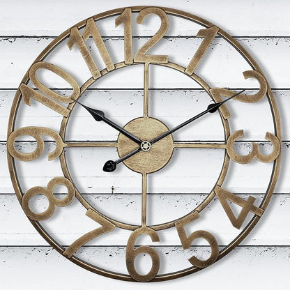 Indoor Outdoor Large Wall Clock Silent Analog Battery Operated, 30 Inch Metal Wall Clock for Patio, Porch, Pool Area, Kitchen, Living Room, Farmhouse Decor - Vintage Gold