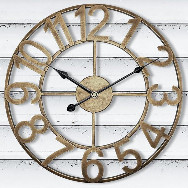 Indoor Outdoor Large Wall Clock Silent Analog Battery Operated, 30 Inch Metal Wall Clock for Patio, Porch, Pool Area, Kitchen, Living Room, Farmhouse Decor - Vintage Gold