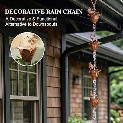 Topadorn Metal Rain Chain Decoration 8.7FT., Rain Catcher Metal Chain Gutter Downspout 105'' for House Eaves, Garden & Home, Butterfly&Flowers Shape Rain Chains