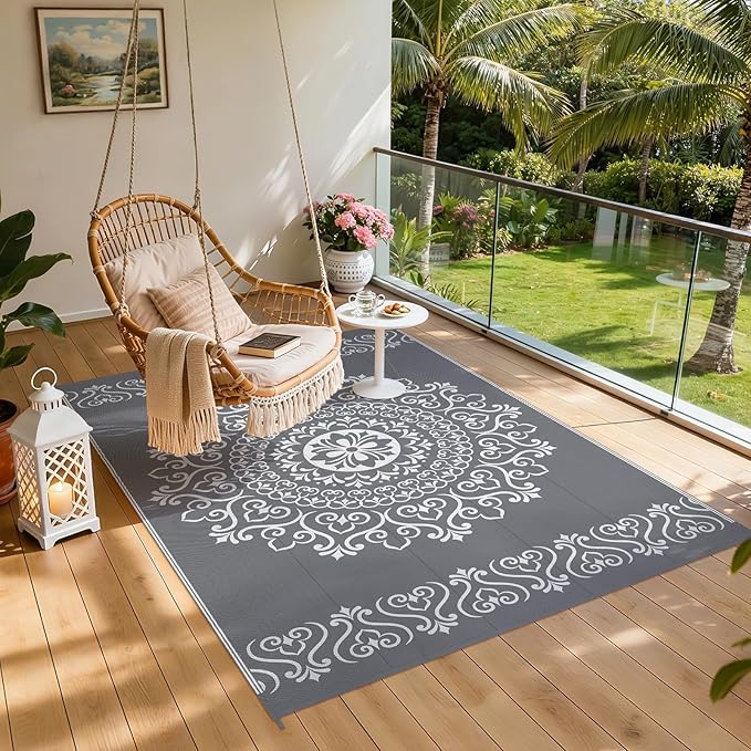 Pauwer Waterproof Outdoor Rug 6x9, Reversible Plastic Straw Patio Camping Rug, Indoor Outdoor RV Mat Carpet for Deck, Camper, Porch, Balcony, Backyard, Picnic, Floral Grey