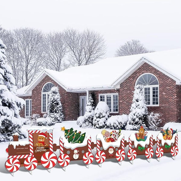 5Pcs Train Christmas Decorations Outdoor, X-mas Train Yard Signs with 8 Stakes, Gingerbread Xmas Tree Lawn Signs, Waterproof Christmas Yard Decorations Outdoor