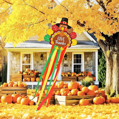 Thanksgiving Turkey Windsock with Streamers Thanksgiving Decorations Outdoor Hanging Decor for Fall Garden Flag Holiday Party Home Tree Lawn Patio Window Yard Wall Balcony Riband Wind Sock Colorful