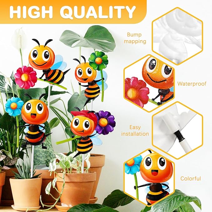 4 PCS Metal Bee Garden Stakes Decorative, ULENDIS Colorful 12.2 Inches Outdoor Bee Garden Decor stakes, Vivid Bee Yard Art Ornaments for Lawn Porch Pathway Patio Plant Pot Flower Bed