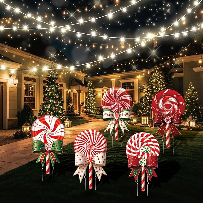 Outdoor Christmas Decorations Jumbo 24 Inch Lollipop Yard Signs 5ct with 20 Stakes 10 Fiberglass and 10 Metal Waterproof Holiday Christmas Decorations for and Garden Waterproof
