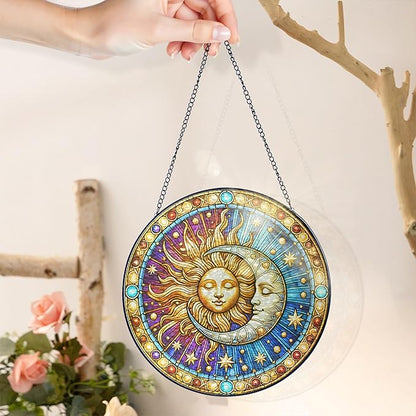 FLAGWIX Christmas Spiritual Gifts for Women Men - Stained Glass Window Hanging 10 in for Sun and Moon Decor - Sun Catchers Indoor Window, Boho Suncatchers for Celestial Decor, Christmas Decorations
