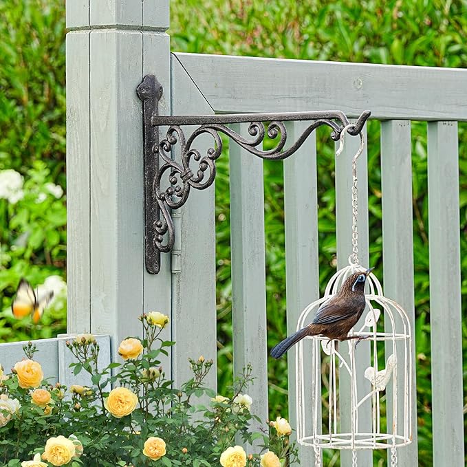 Sungmor Decorative Cast Iron Hanging Bracket - 15.6" Thickened Outdoor Metal Plant Hangers, Vintage Scroll Design for Signs, Planters, Lanterns, Bird Feeders - 2 Pack Heavy Duty Wall Hooks, Black
