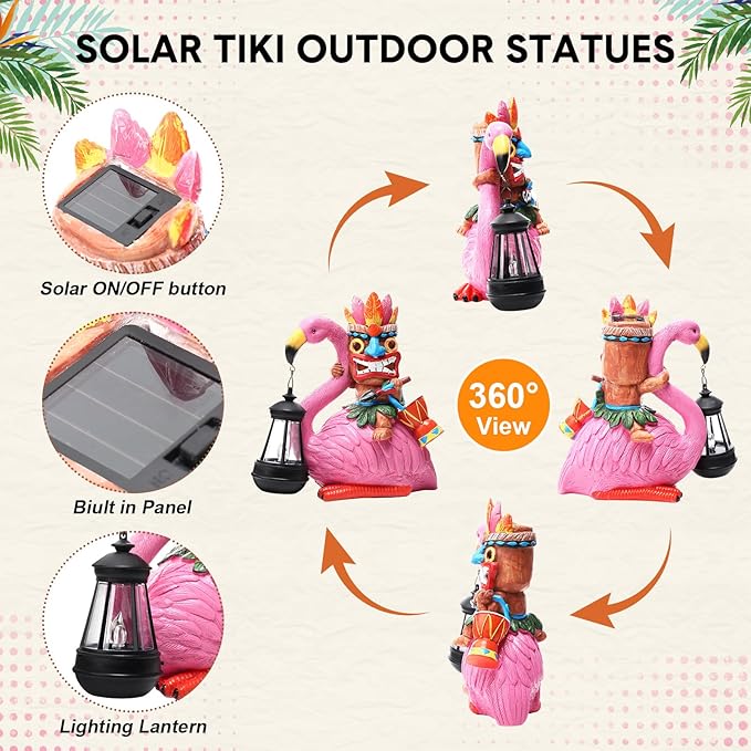 Gerrii Solar Tiki Statue Outdoor Light Decoration Tiki Bar Garden Statues 11'' Resin Waterproof Flamingo Figurines for Garden, Patio, Balcony, Yard, Lawn Ornament