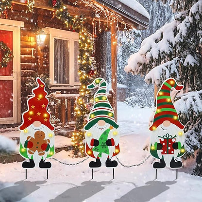 WONDER GARDEN 3 PCS Christmas Gnomes Yard Signs Christmas Decorations Outdoor, Metal Xmas Yard Stakes Gnomes Lawn Decor, Xmas Garden Stakes with Led Lights for Patio Pathway Outside Decorations