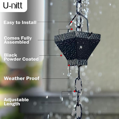 U-nitt Rain Chain Water Collection for Gutters Rainwater Catcher & Diverter, 8.5 FT Chains for Outside Garden, Black Square Cups, Roof Downspout, Works with Heavy Rain, w/Gutter Clip for Rainchains