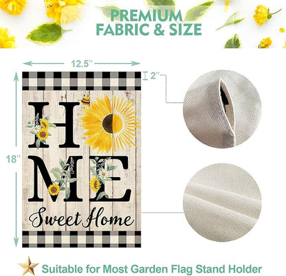 ORTIGIA Summer Sunflower Garden Flag Double Sided 12.5x18 Inch, Home Sweet Home Spring Floral Flower Buffalo Plaid Check Small Yard Flag Burlap Vertical Outside Outdoor Lawn Patio Decor