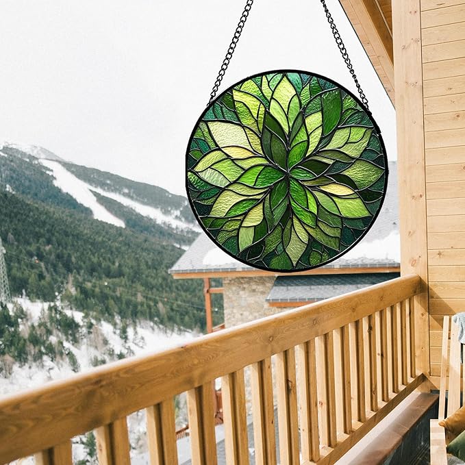 Stained Glass Window Hanging - Green Gradient Flowers Suncatcher for Doors Window Home Plant Sun Catchers Decor Christmas Mother's Day Birthday Gifts for Teacher Women Men Mom Nana 7.8 in