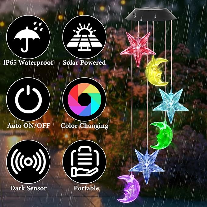 Solar Wind Chimes Outdoor Color Changing Hanging Waterproof Stars Lights Sun and Moon Decor Gifts for Mom Grandma Sister Powered Mobile for Outdoor Garden Patio Yard Window Indoor