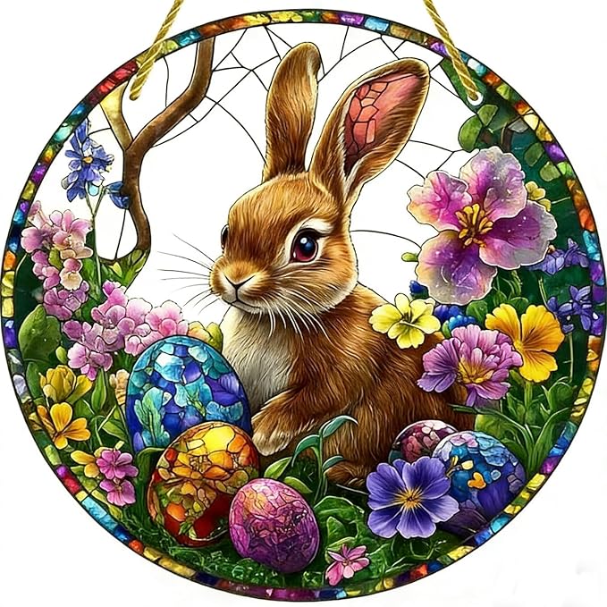 Easter Sun Catcher for Window Hanging Cute Bunny with Floral Designs Colorful Ornament Full Cover Acrylic Stained Glass for Garden Rabbit Suncatcher Room Party Decor Easter Gift