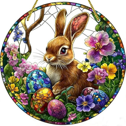 Easter Sun Catcher for Window Hanging Cute Bunny with Floral Designs Colorful Ornament Full Cover Acrylic Stained Glass for Garden Rabbit Suncatcher Room Party Decor Easter Gift