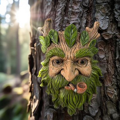 Whimsical Tree Face Garden Statues Outdoor Decor – Funny Old Man Tree Hugger Wall Sculpture with Pipe, Fairy Art Fence Hanging Resin Ornament, Outdoor Wall Mounted Sculpture for Patio Lawn & Home