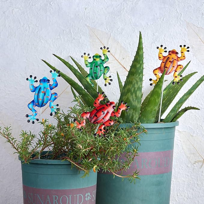 4 Pieces Metal Frog Garden Decor14 Inch Frog Art Garden Stakes Decor, Rust Resistant Metal Floral Outdoor Decor Frog Plant Stakes for Indoor Outdoor Garden Patio Lawn Decor