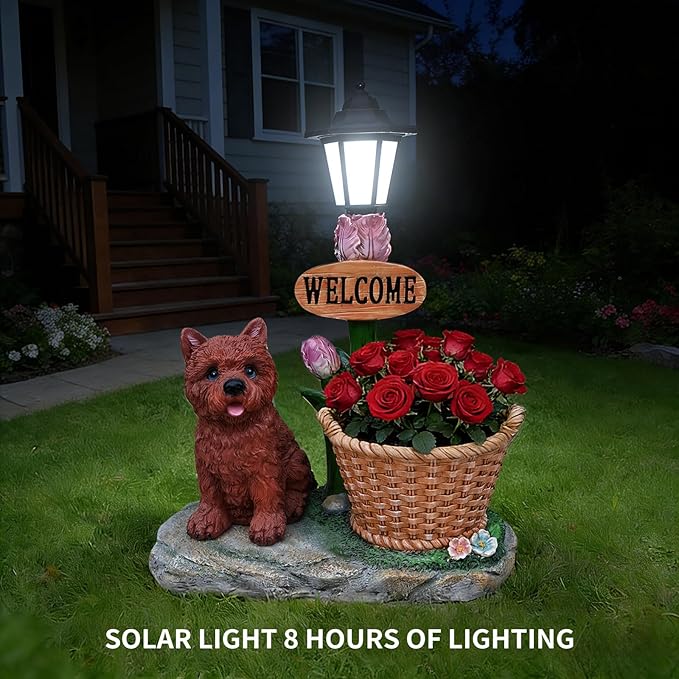 20" Solar Cairn Terrier Garden Statue with Welcome Sign & Planter - Large Dog Sculpture with LED Street Lantern - Weatherproof Resin Decorative Flower Pot for Porch, Yard & Patio - Pet Lover Gift